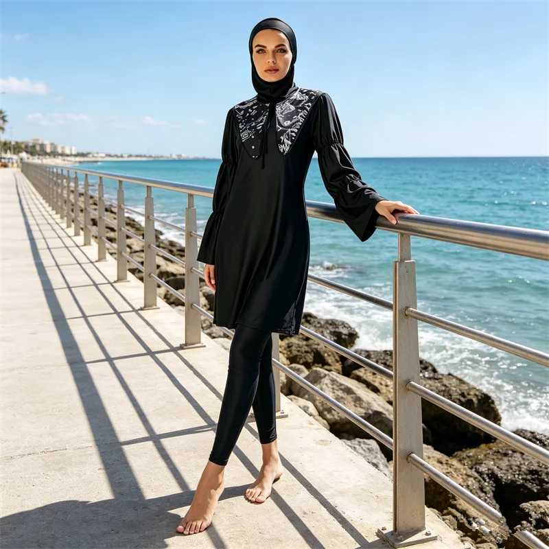

Modest Burkini Muslim Women Burkinis Modest Swimsuit 3 Pieces Suit Islam Swimwear Black Tops Pants Surfing Wear Maillot De Bain