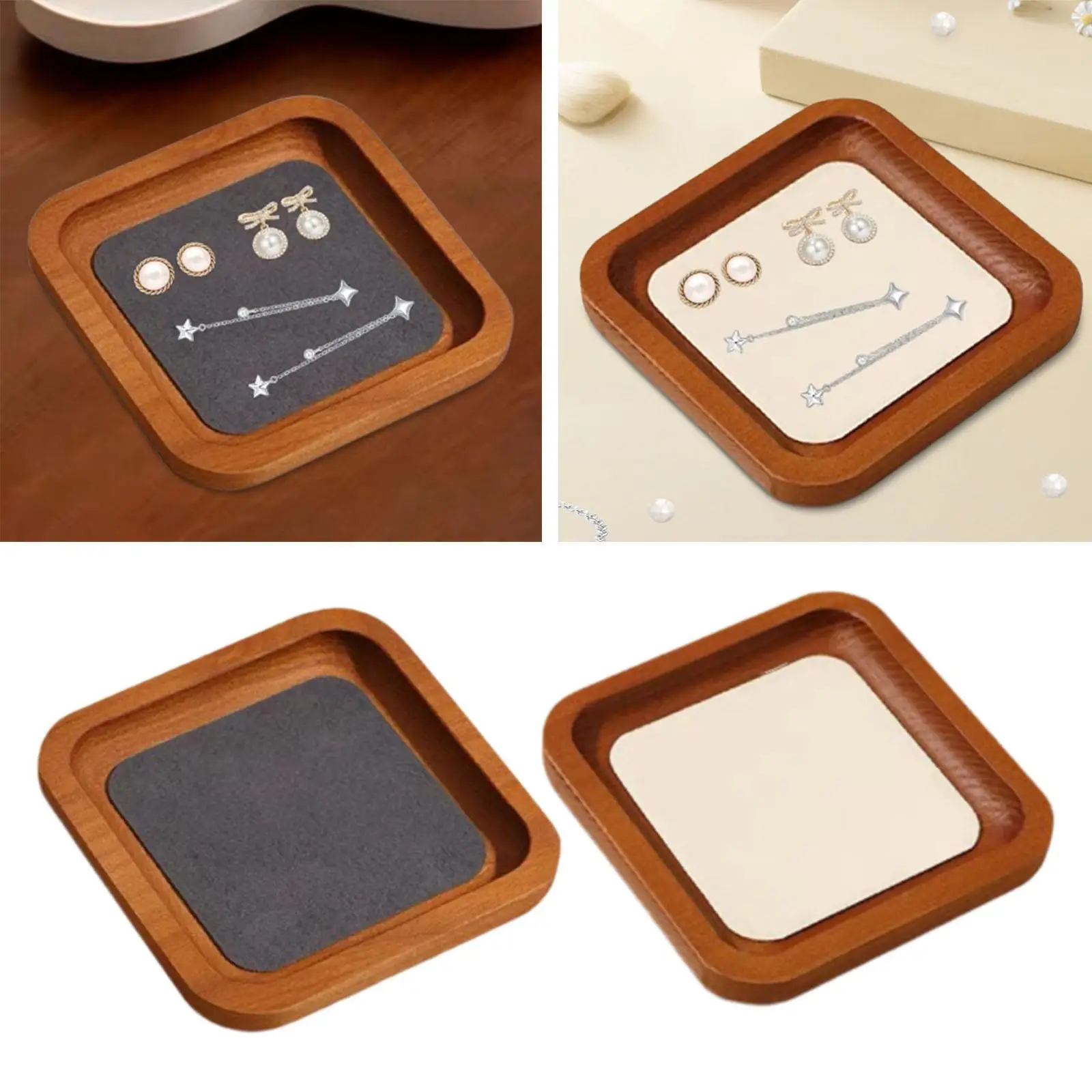 صينية مجوهرات صغيرة بطانة من الألياف الدقيقة الخشبية لديكور المنزل مقاس 4 بوصات صينية عرض المجوهرات منظم المجوهرات لخواتم سوار كونترتوب