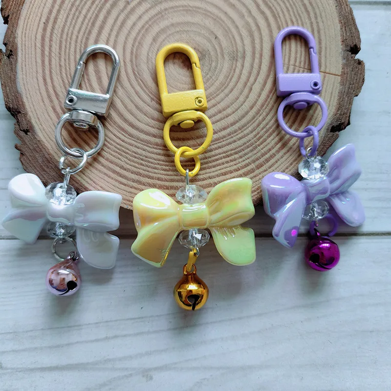 5PCS Kawaii Ins Style Bowknot Keychain Colorful Bow Bell Bag Pendant Metal Clasp Keyring for Handbag Ornament Daily Accessories