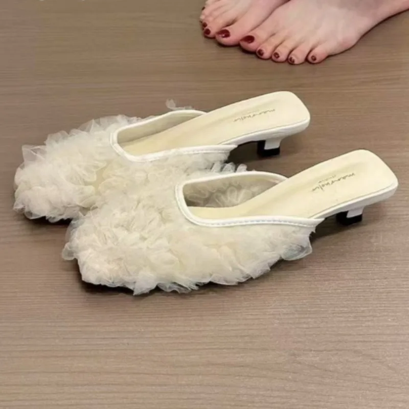 

Сетчатые кружевные женские тапочки, сандалии на высоком каблуке, туфли-лодочки, элегантные летние дизайнерские модельные туфли-лодочки, трендовые свадебные повседневные шлепанцы