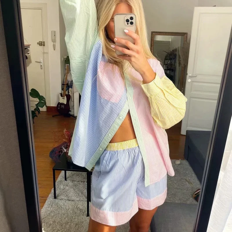 QWEEK Striped Suits with Shorts Summer Patchwork Loungewear Women Sleepwear Long Sleeve Pajamas Basic&Casual Designer Clothes