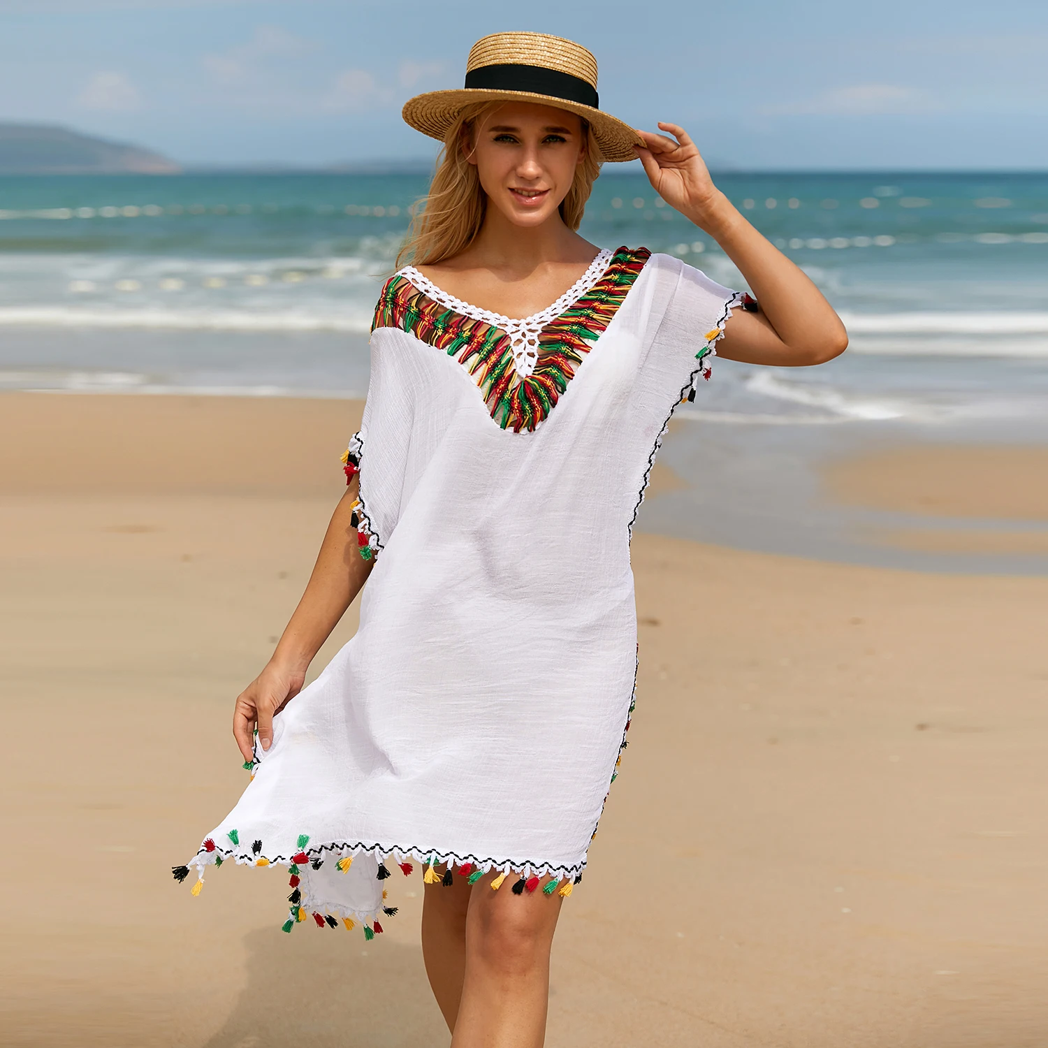 لون اليد الكروشيه الرقبة جوفاء الرقبة بيكيني التستر فستان الشاطئ للنساء شرابات مهدب الصيف فستان الشمس أبيض أسود