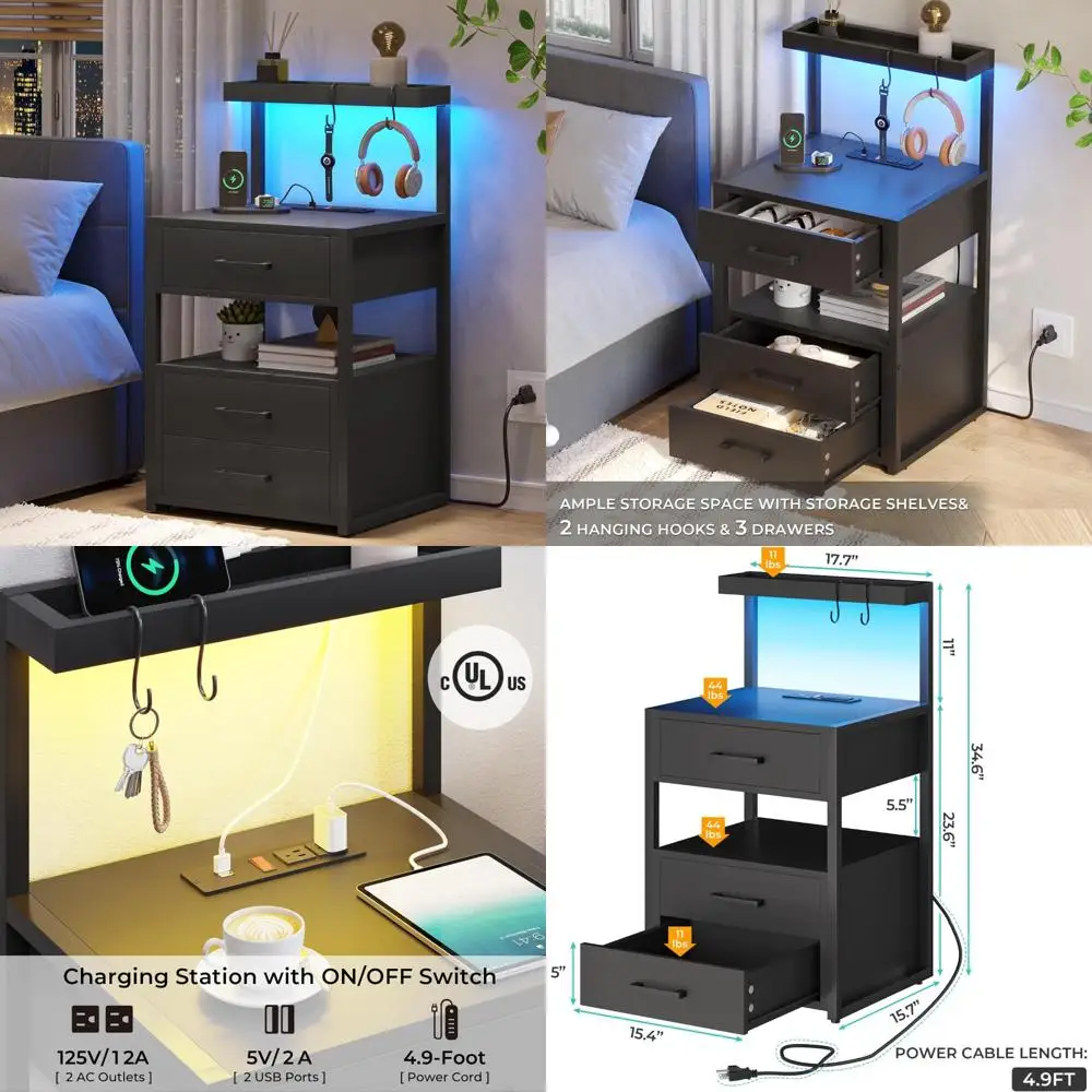 

LED Nightstand with Charging Station and 3 Drawers, Black Bedside Table with Storage Shelves and LED Lighting