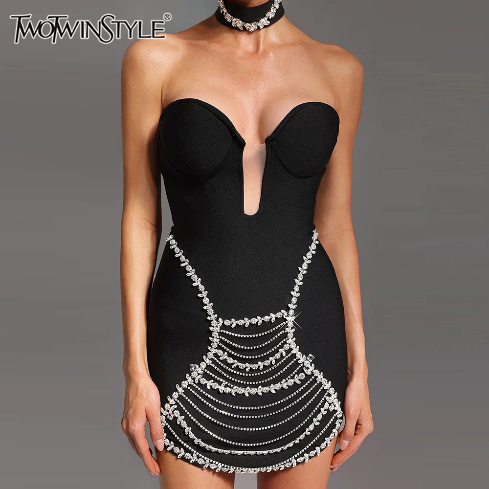 

TWOTWINSTYLE Solid Slimming Spliced Diamonds Elegant Dresses for Women Strapless Sleeveless Patchwork Chain Mini Dress Female