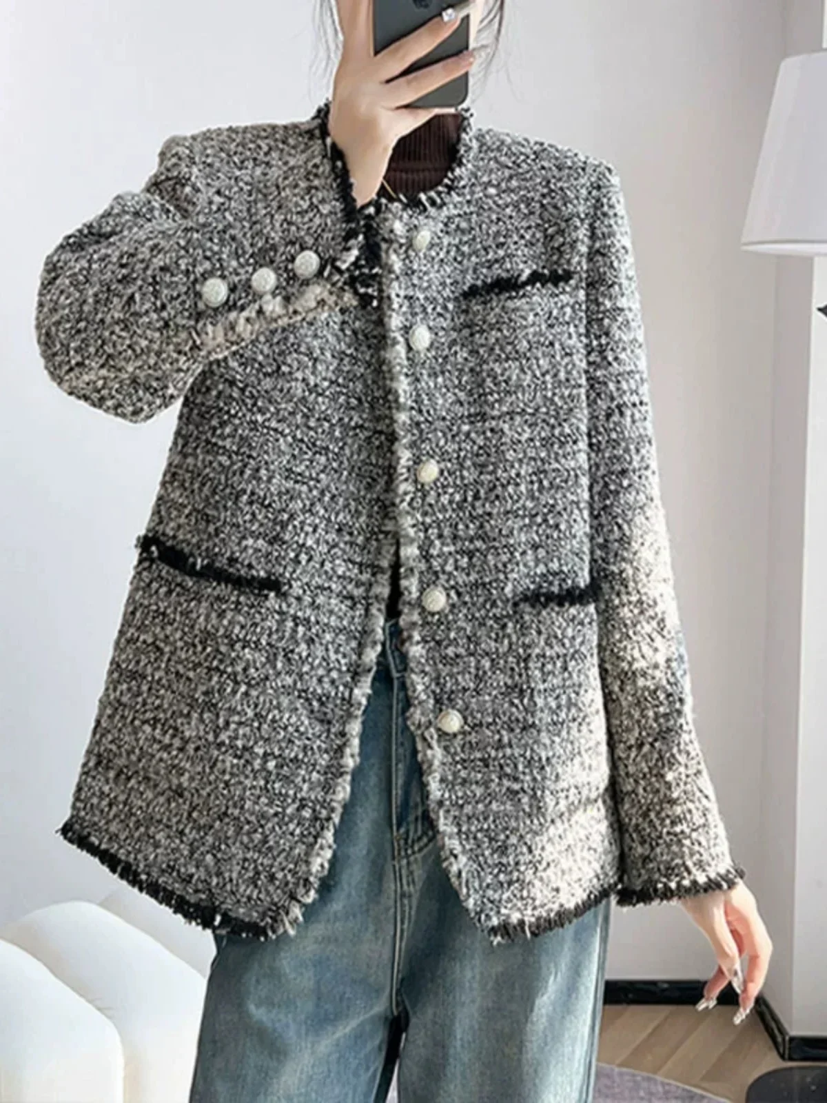 High Quality Wolen Coat 2024 Autumn New Gray Small Fragrant Tweed Fringed Beard Lace Loose Tweed Jackets Women\'s Coat