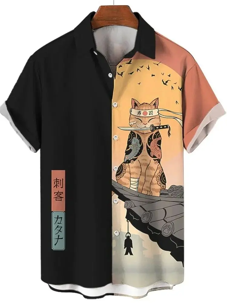 Men's Patchwork Printed Short Sleeve Shirt Fashion Urban Style Polyester Fabric Deconstructed Design Easy Care for Daily Wear
