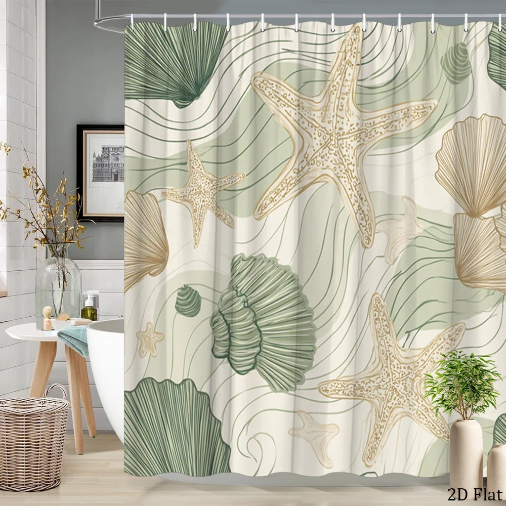 

Boho Tropical Starfish Leaf Shower Curtain Bathroom Decor Green Beige Coastal Ocean Print Water Resistant Curtain Liner 180x200c