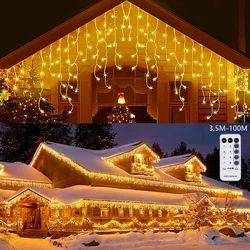 Christmas Decoration 2024 Led Icicle Curtain Lights Outdoor Street Garland On The House Winter Wedding New Year 2025 220V EU