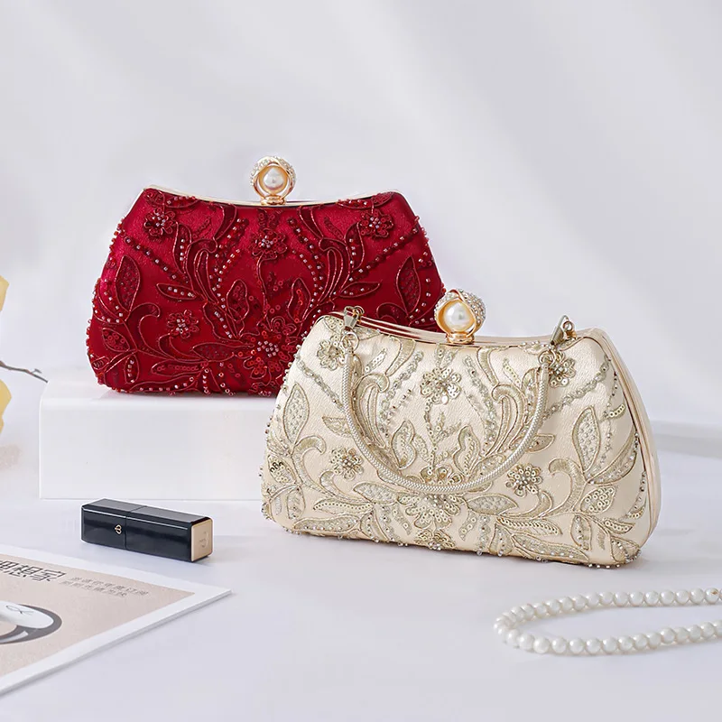 Retro Lace Flower White Evening Bags Wedding Party Bridal Small Clutches for Womens Chain Sholder Bag Crossbody Prom Handbags