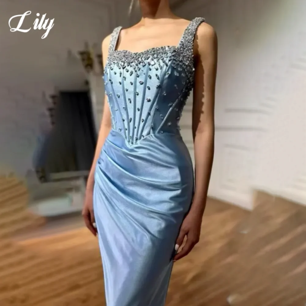Lelie lichtblauwe elegante galajurk satijnen zijhoge split avondjurken glanzende kristallen strapless zeemeermin formele jurk op maat