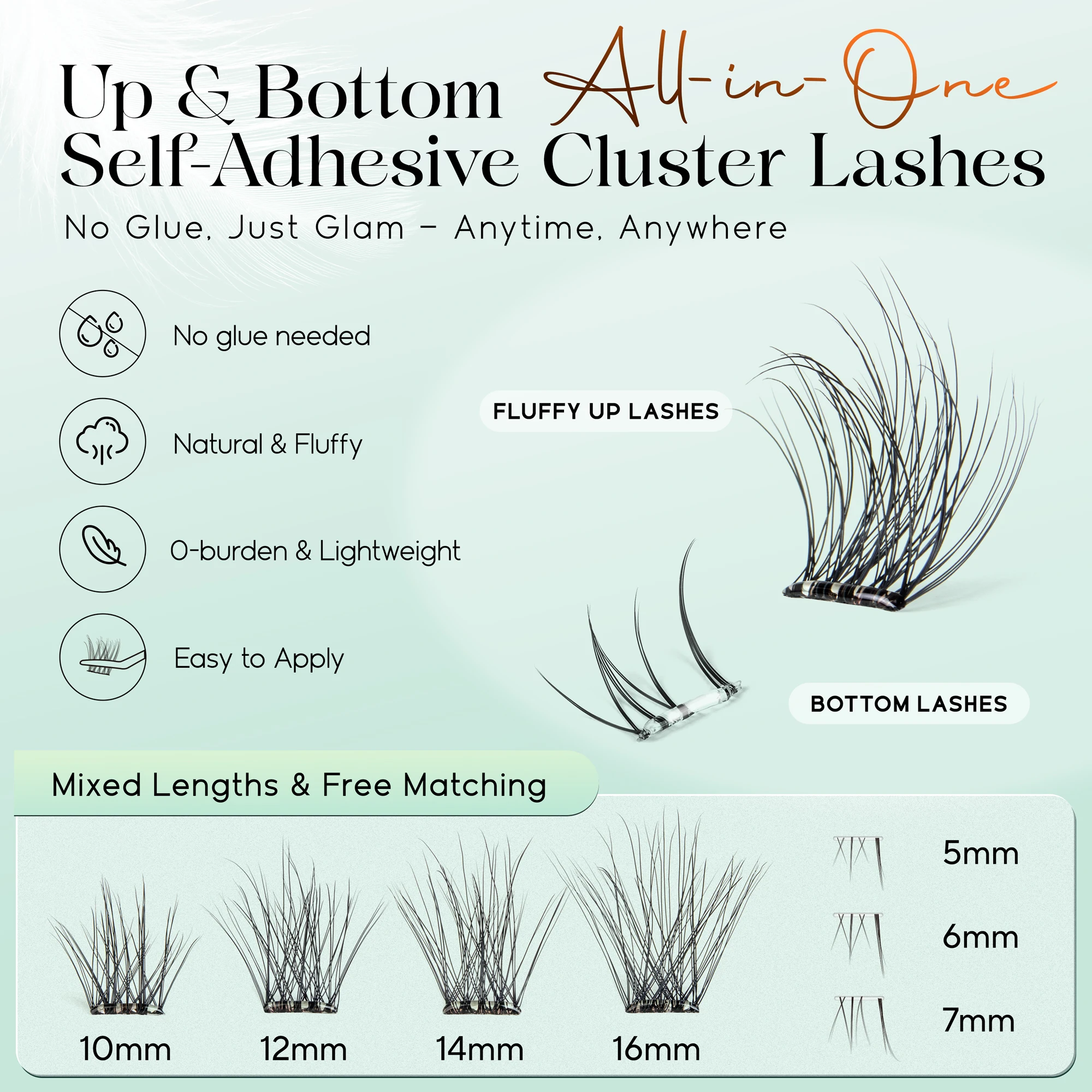 VYRILA Upper&Lower Self Adhesive Eyelashes Clusters Wispy Natural No Glue Lash Clusters with Bottom Lashes No Band Press On Lash