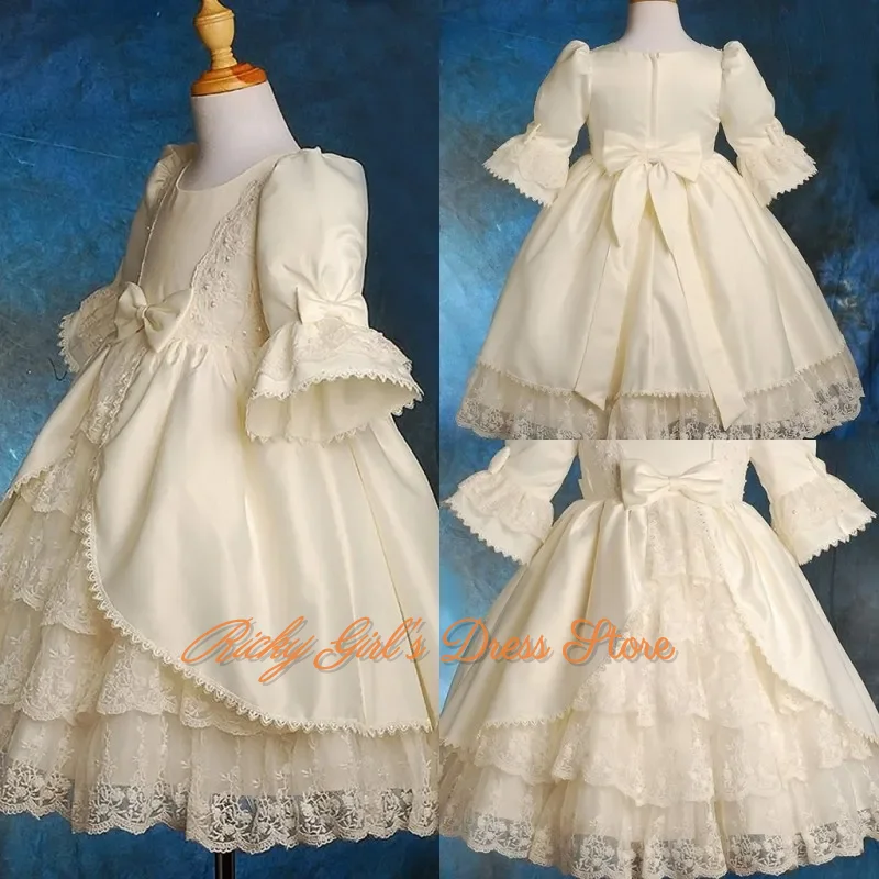 Vintage Ivory Flower Girls Dresses For Wedding Half Sleeve Lace Sequins Kids Birthday Party First Communion Gown Customized