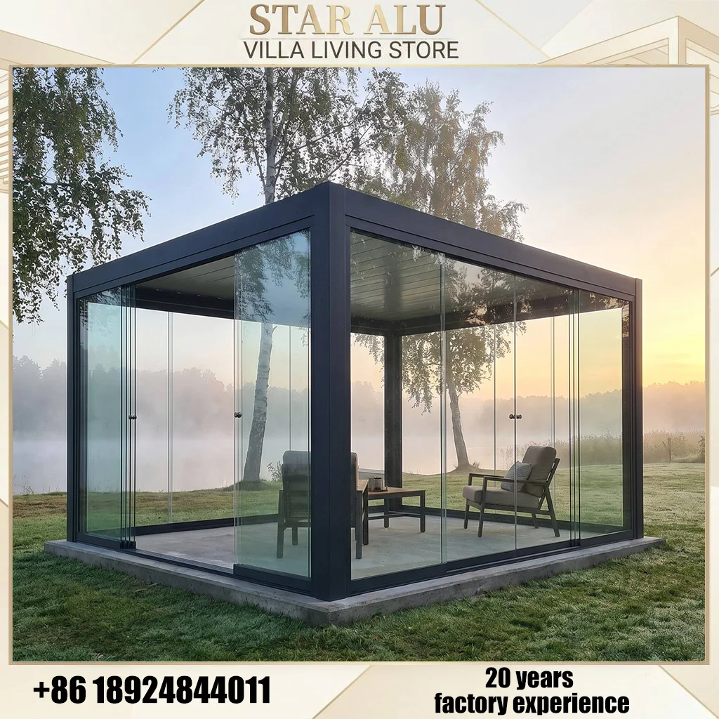 Luxury Motorized Aluminum Pergola with Glass Enclosure for Outdoor Patio Garden Villa