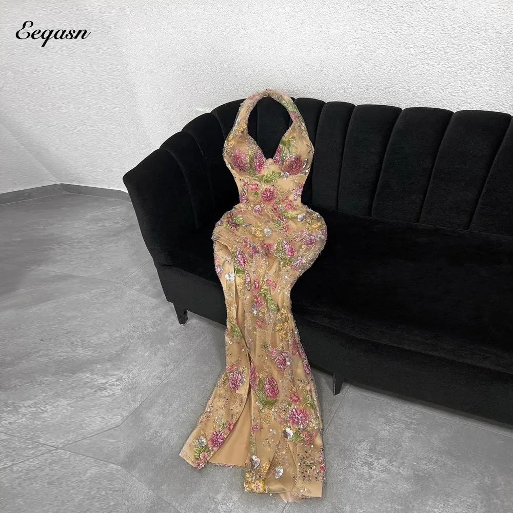 Eeqasn Ballkleid mit floraler Spitze für Damen, Neckholder-Ausschnitt, Kleider für besondere Anlässe, hoher Schlitz, gerüscht, formelle Abendkleider, lang, individuell gestaltet