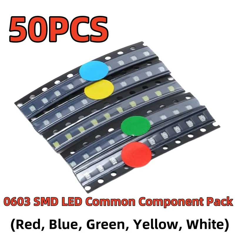 50PCS 0603 SMD LED Common Component Pack Assorted Colors (Red Blue Green Yellow White) 10 Pieces Each