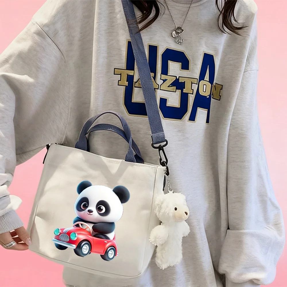 Handbags and crossbody bags featuring a panda motif, and cosmetic pouches for travel organization.