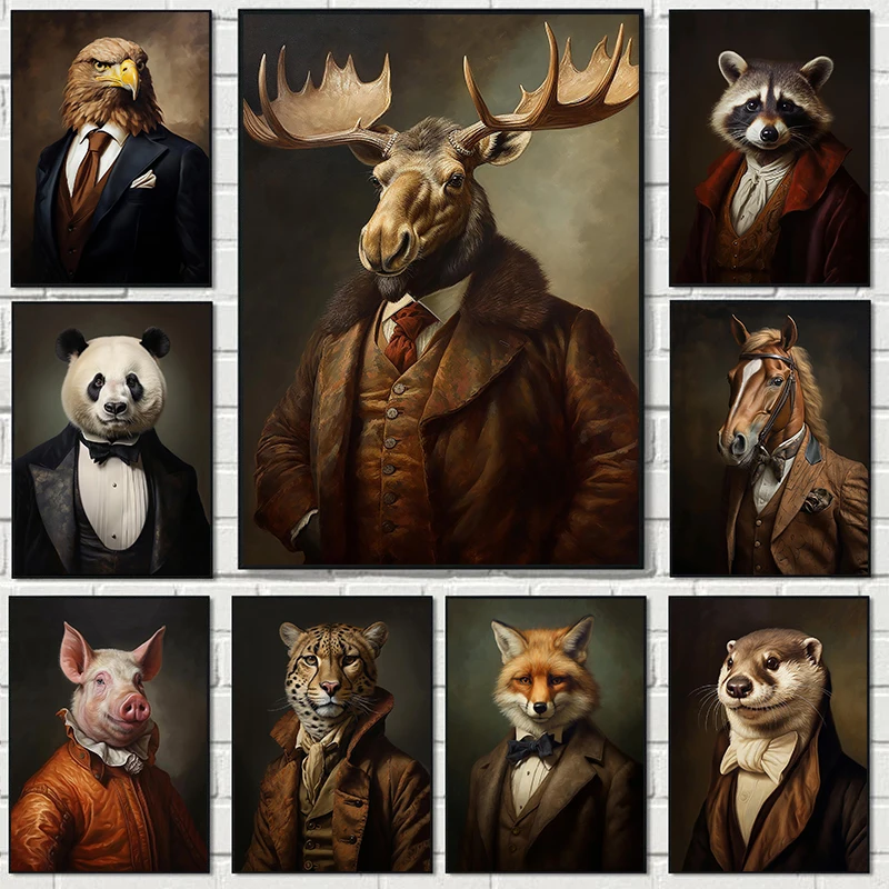 Renaissance Rabbit Panda Moose Sheep Leopard Animal Portrait Poster Canvas Paintings Wall Art Pictures Home Decor