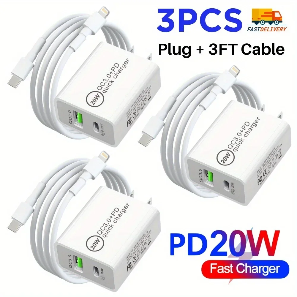 [Fast Arrival]3-PCS MFi Certified iPhone QC3.0+PD Charger Set - Super Fast Wall Charger with 4FT USB-C Cable -  Charging