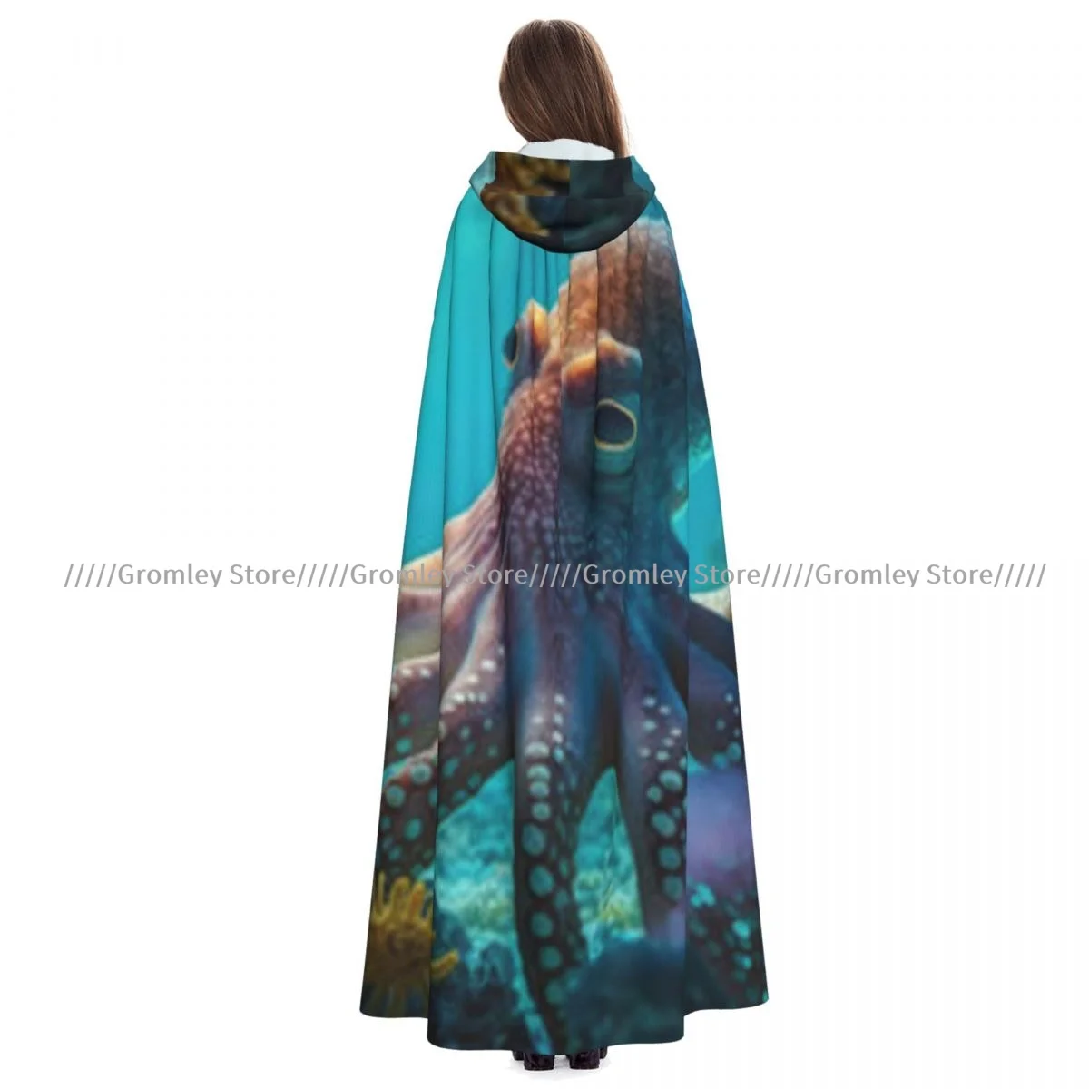 Octopus Swimming Underwater Witch Cloak Hooded Cosplay Costume Halloween Adult Long Party Cape