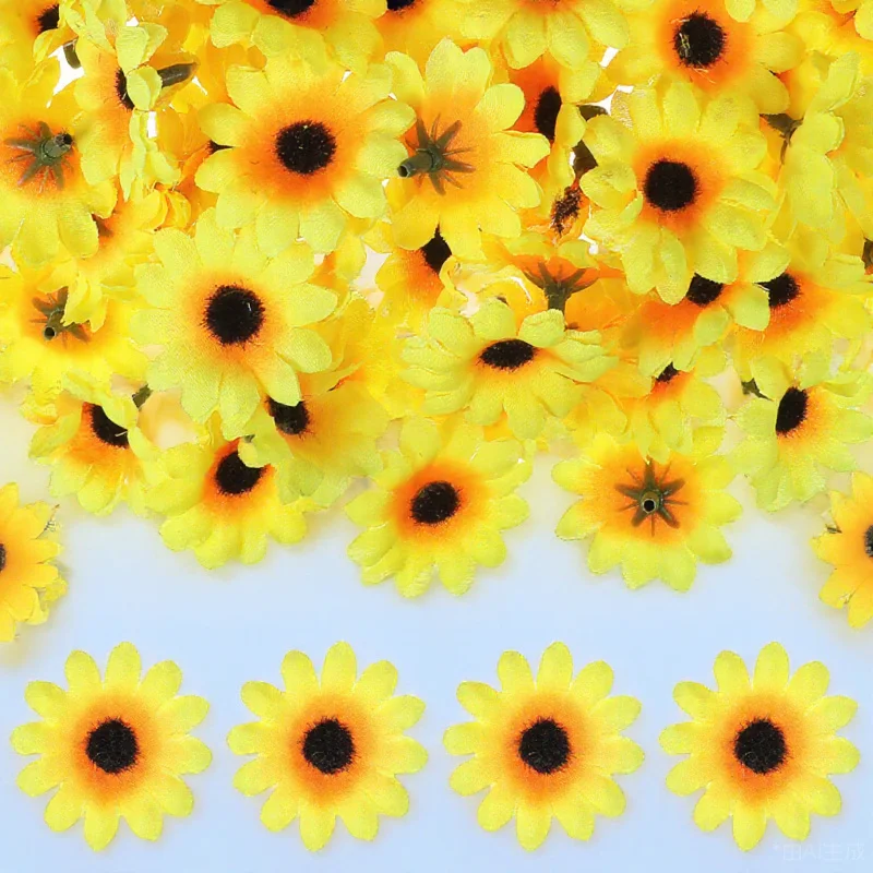 

100Pcs Yellow Artificial Sunflower Heads Realistic Plastic Silk Polyester Decorative Flowers for Weddings Parties Crafts