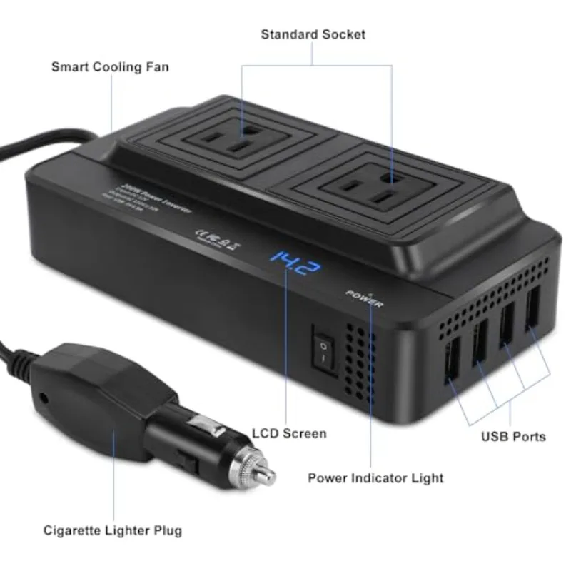 200W Car Inverter Multifunctional Adapter Socket 12V DC To 110V AC Voltage Converter with 2 Plugs and 4 USB Ports for Camping