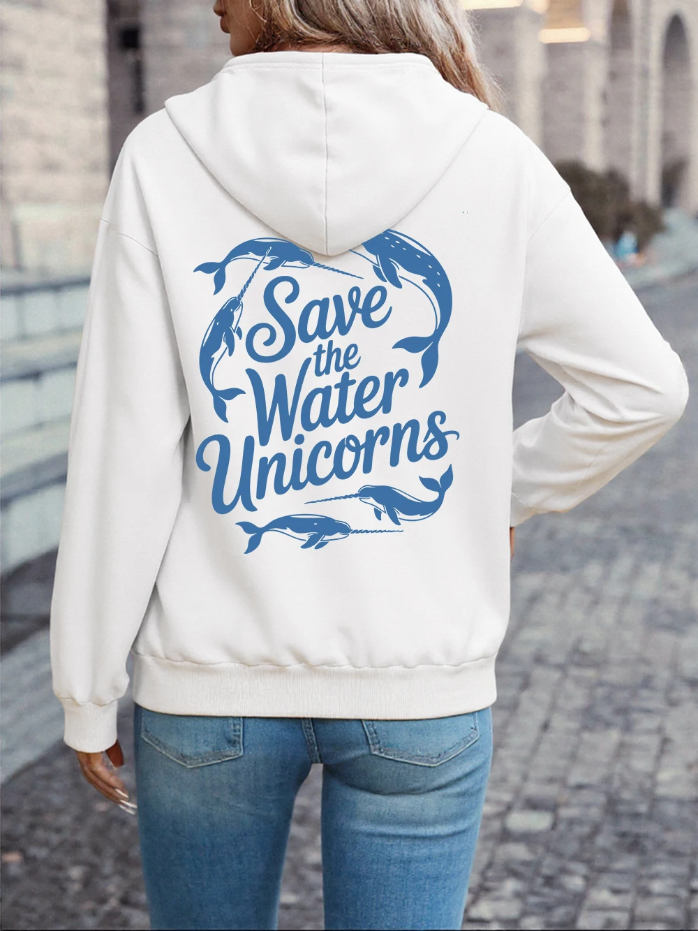 Save The Water Unicorns Prints Hoodies Womens Winter Fleece Warm Sweatshirts Casual Pocket Pullovers Comfortable Loose Clothes
