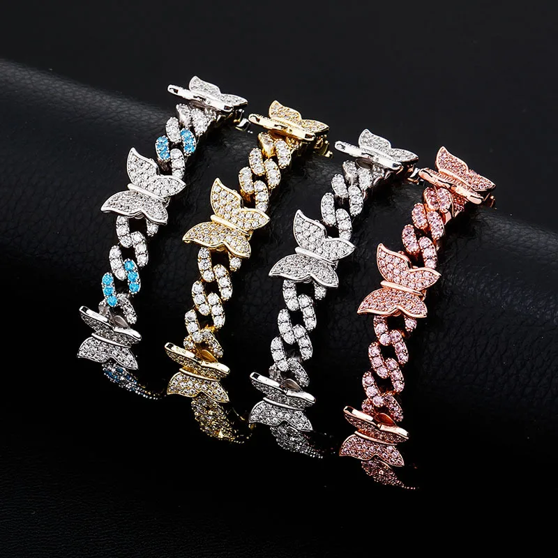 

Хип-хоп AAA CZ Stone Paved Bling Iced Out Butterflys Cuban Curb Miami Link Chain Браслеты для мужчин и женщин Унисекс Модные украшения