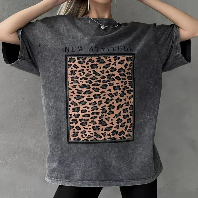 

New All-Cotton Wash T-Shirt New Fashion Leopard Print Top Loose Round Neck Oversized Short Sleeve Millennial Women Clothing