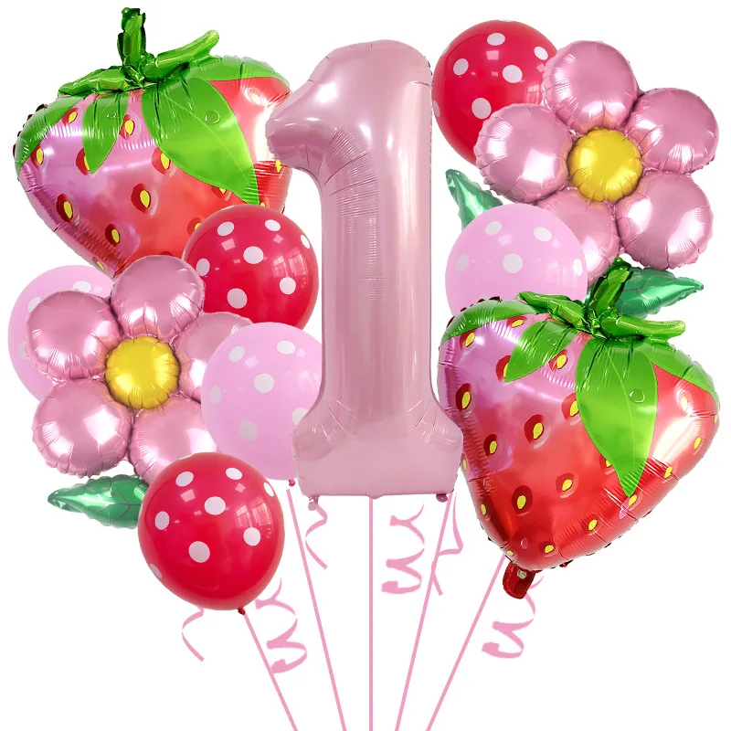 6/12PCS Fruit Strawberry Shaped Foil Balloons Set For baby Birthday Girl Sweet Fruit Party Decorations Pink decor