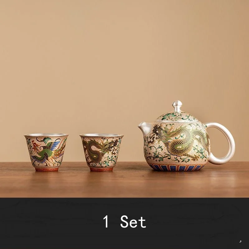 Hand-made Dragon and Phoenix Ceramic Gilded Silver Teapot Tea Cups Chinese Kung Fu Tea Pot Teaware Set