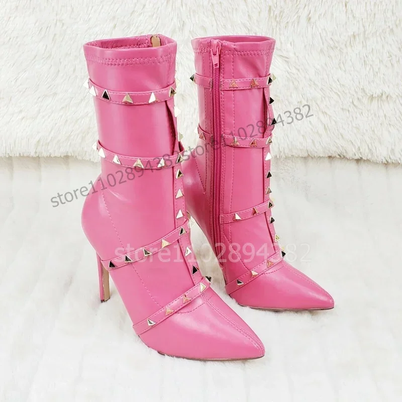 

Gold Rivets Decor Pink Pointed Toe Mid Calf Boots Side Zipper Women Shoes Thin High Heels Fashion Party 2023 Zapatos Para Mujere