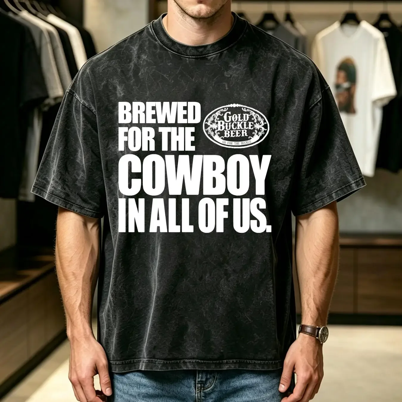 washed T Shirt GOLD BUCKLE BEER BREW BREWERY PRO RODEO COWBOY TEE Mens S Black PRCA vintage Washed Breathable fashion