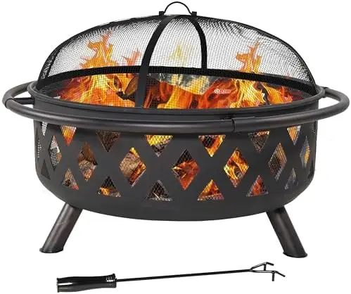 weave Outdoor Fire Pit - Wood-Burning Fire Pit for Outside with Spark Sn, Poker and Round Cover - Steel Patio Firt for