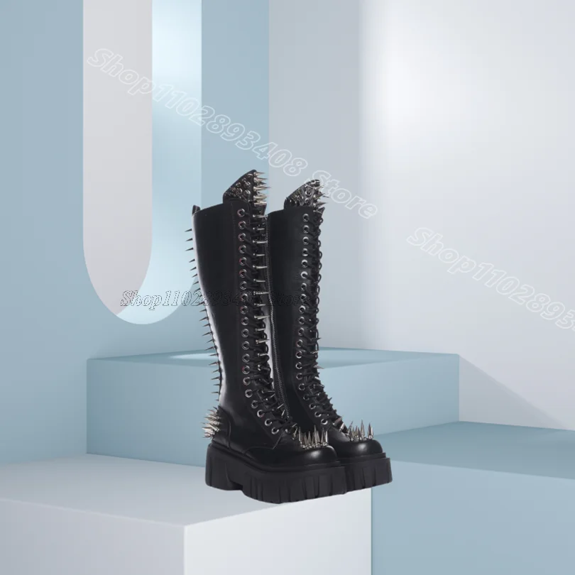 

Black Rivet Platform Punk Style Boots Round Toe Solid Spring Fashion Design for Women Party Casual Boots Zapatos Para Mujere