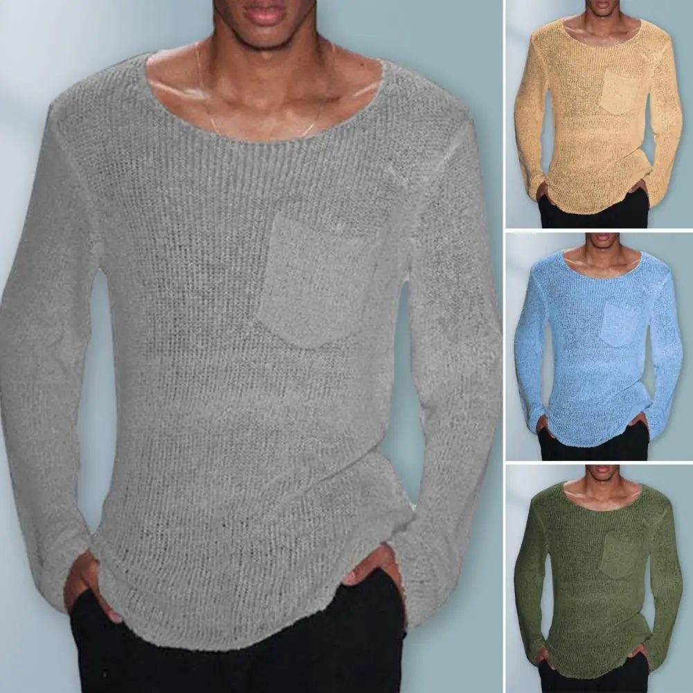 Solid Color Sweater Stylish Men\'s O-neck Knitting Sweater with Hollow Out Design Casual Pullover Knitwear for A Thin Loose Fit