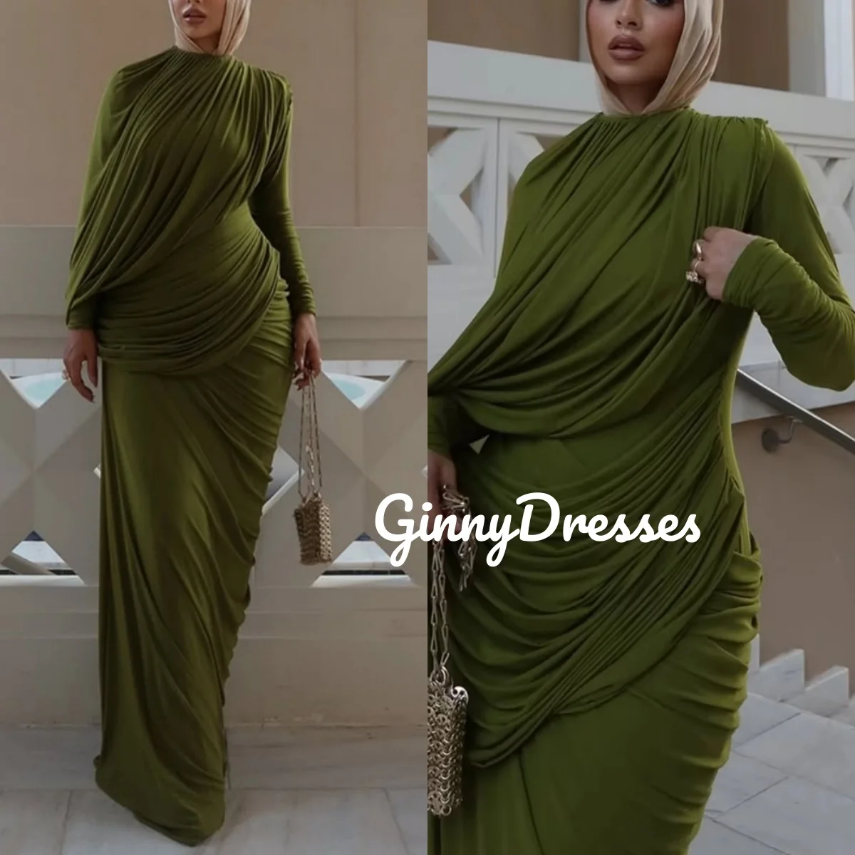 

Dubai Customize Luxury Evening Dresses Ruffle Square Neckline Floor-Length Wedding Party Dress Sheath Long Sleeves Dresses