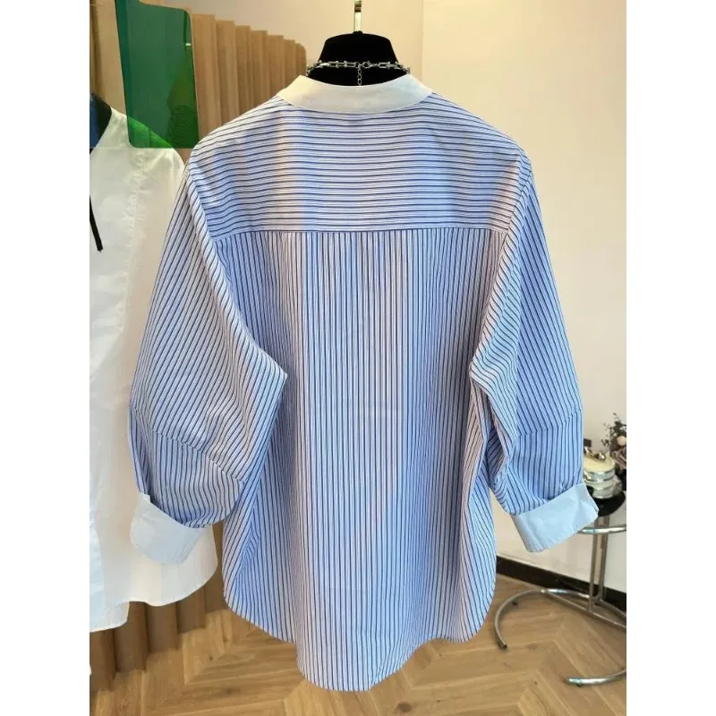 Spring Autumn Crew Neck Button Striped Lantern Long Sleeve Cardigan Women\'s Clothing Casual Formal Shirt Fashionable Tops