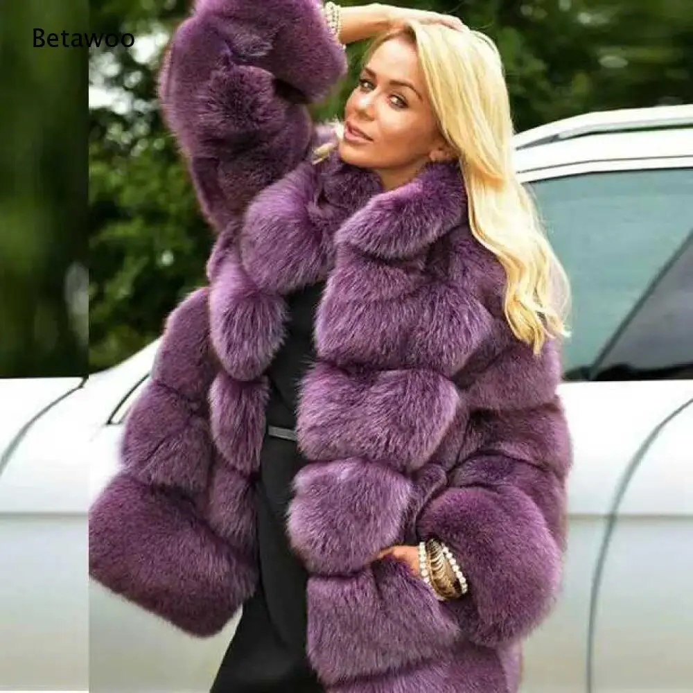Women Segmented Faux Fox Fur Short Coat Stand Collar Faux Fur Overcoat Multiple Colors