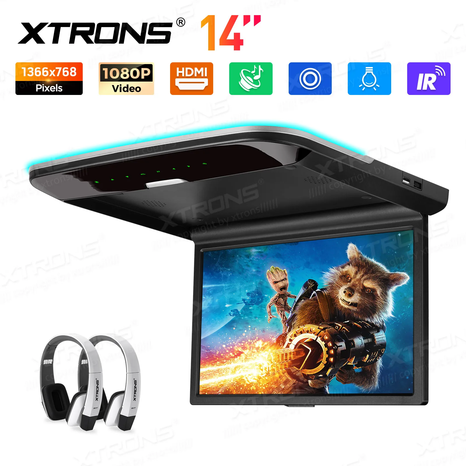 XTRONS 14 inch auto-dakmonitor digitaal TFT HD-scherm met USB SD AV IN HDMI-compatibele auto-tv 1366*768 pixels verstelbare hoek 120° °