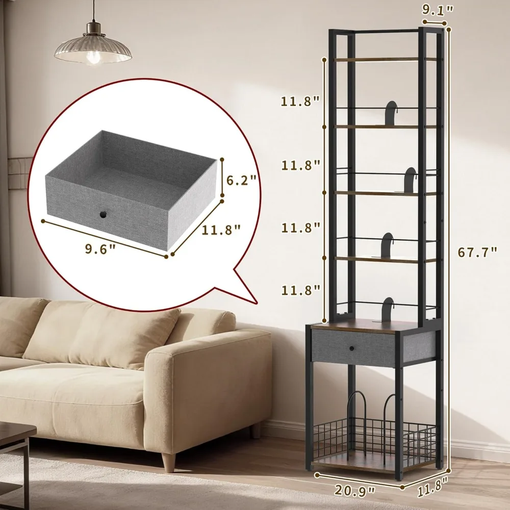 6-Tier CD DVD Storage Rack with Drawer, Adjustable Media Organizer Shelf for Vinyl Records & Books, Home Office Living Room