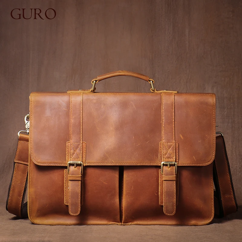 

GURO Top Original Cowhide Briefcase Men Luxury Design Real Leather Handbag Higher Quality Shoulder Messenger Bag File Laptop Bag