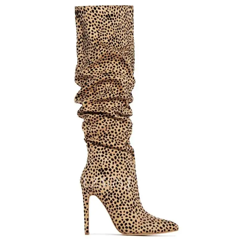Ruched Tiger Stiletto Knee Boots Leopard Print Pointed Toe High Heels Women\'s Boots Lady Catwalk Shoes