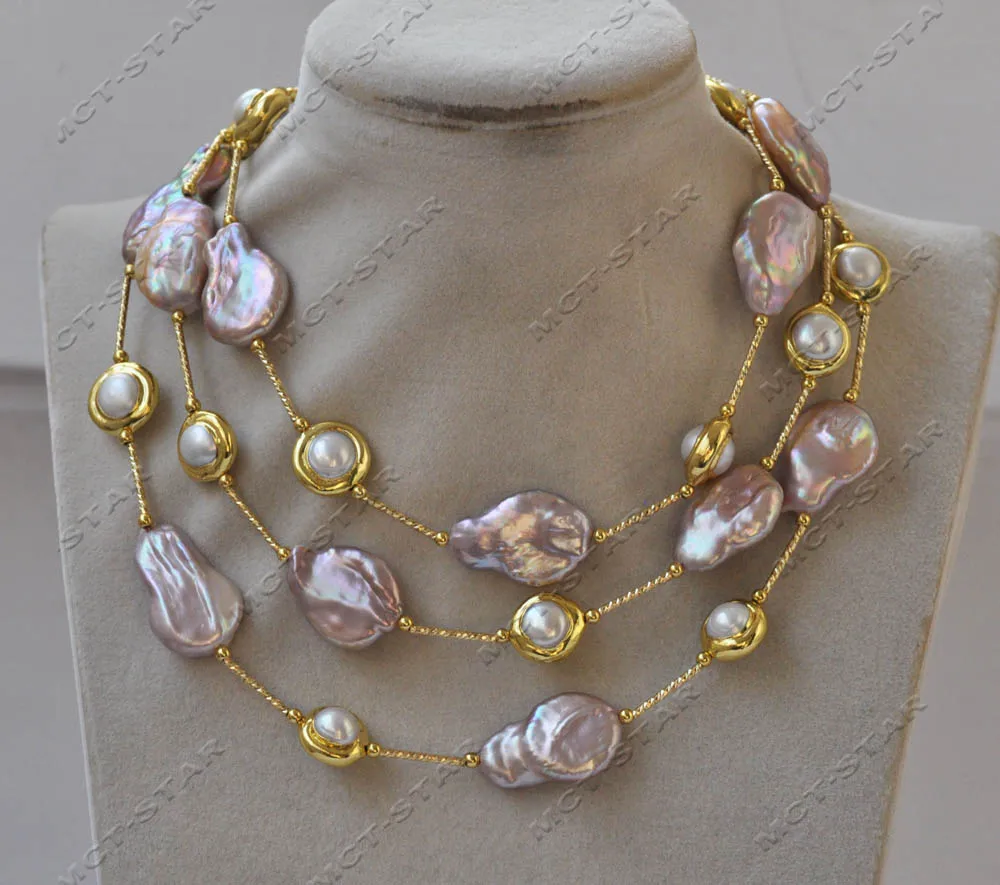 MTC·STAR  Z13077 Luster 45\'\' 25mm Peacock-Lavender Drop Coin White Gold Plated Pearl Necklace