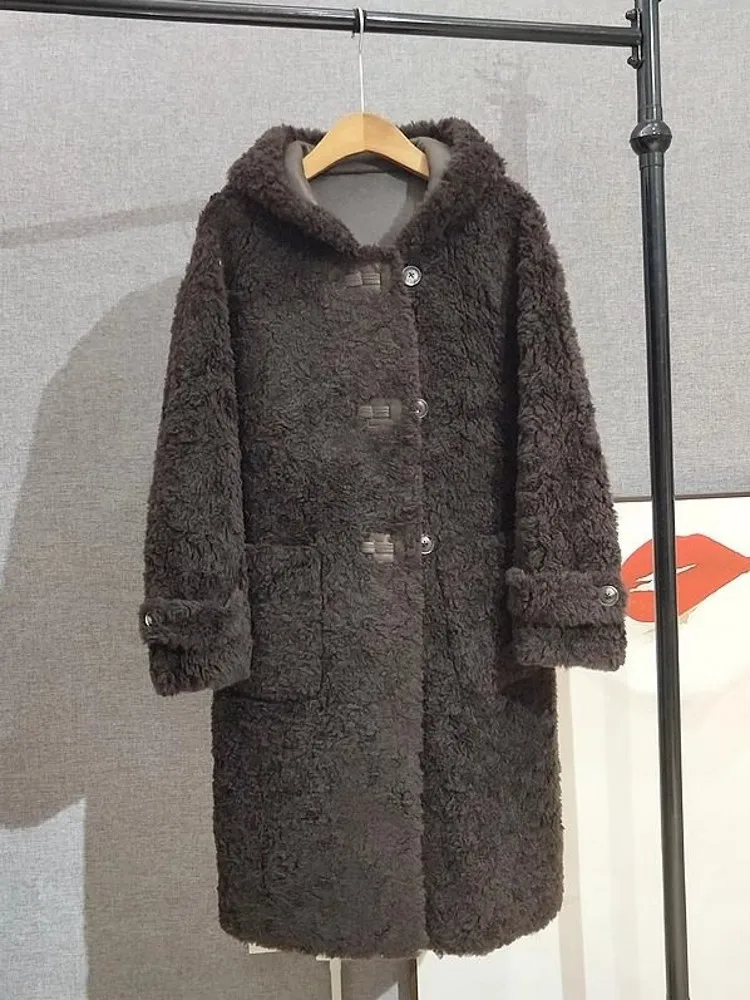 النساء الشتاء سميكة الدافئة الأغنام الحقيقي الفراء معطف طويل مقنعين 100% معطف الصوف Vintage سيدة أنيقة فضفاضة تناسب مستقيم معطف واقٍ من المطر