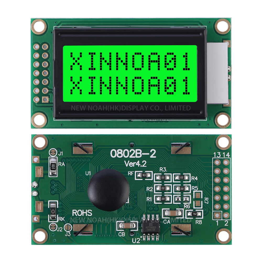 휴대용 LCD 디스플레이 모듈, 그린 라이트, 블랙 문자, 0802B-2, 3.3V 문자, 0208 LCD, 14 핀, ST7066, 8X2