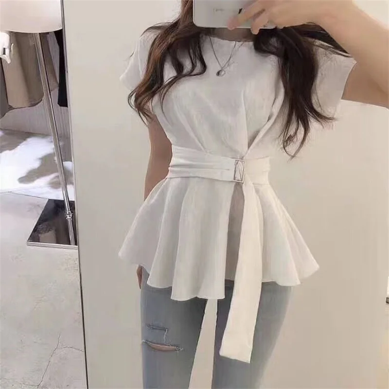 T Shirt Women Ruffle with Belt Elegant Solid T-Shirts Lace-Up Tee Women Short Sleeve Streetwear Korean Fashion Office Lady Tops