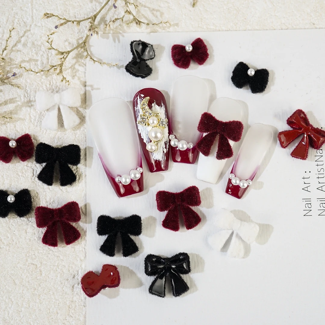 Fluffy Bowknot Flocked Nail Art Bow Charms Nail Decorations Design Pearl Parts Rhinestone Cute Manicure Supplies Winter