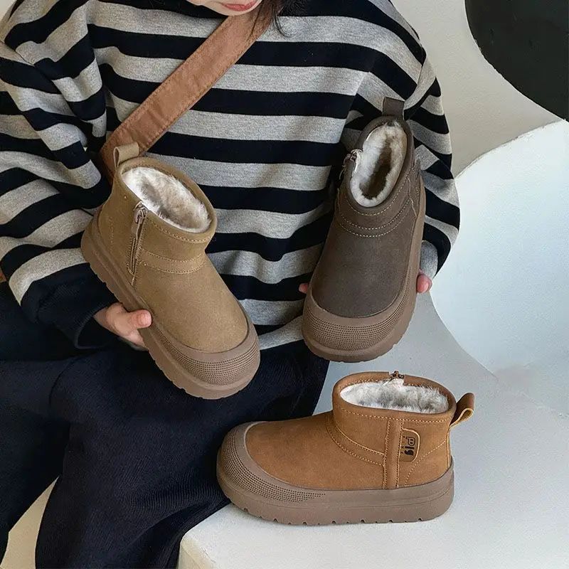 

Children's Outdoor Ankle Boots New Fashion Girls Warm Furry Snow Boots Platform Non-slip Kids Causal Cotton Boots Side Zipper