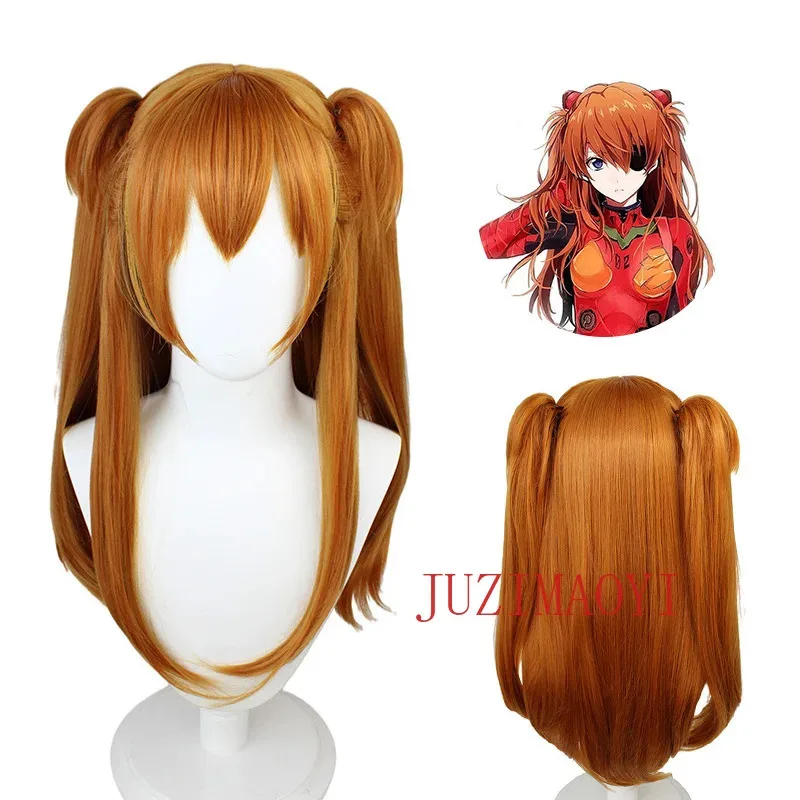 Asuka Langley Soryu pelucas de Cosplay largo naranja con 2 Clips de cola de caballo peluca de pelo sintético resistente al calor + gorro de peluca EVA de alta calidad