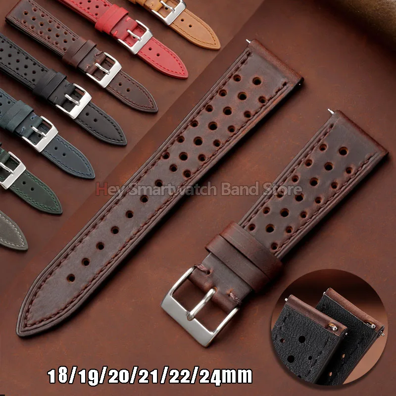 18mm 19mm 20mm 21mm 22mm 24mm Vintage Racing Leather Watch Strap Handmade Quick Release Strap Brown Breathable Porous Watch Band